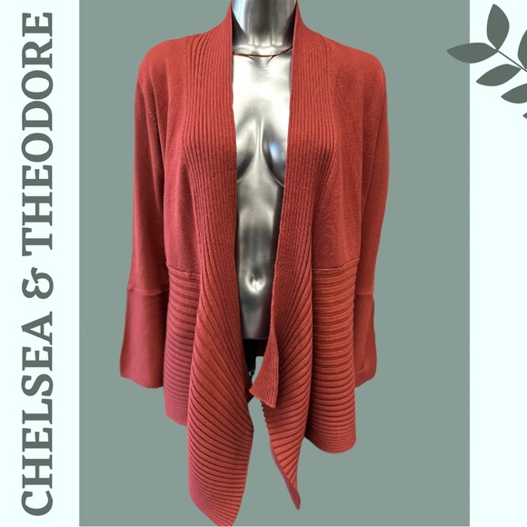 Chelsea & Theodore Sweaters - Chelsea & Theodore Waterfall Cardigan Sweater Ribbed Brick Red Orange Size Large